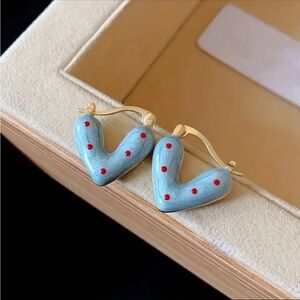 BRAND NEW 🩵SUPER CUTE 14K Gold Plated Hand Painted heart polka dot hoop earrings